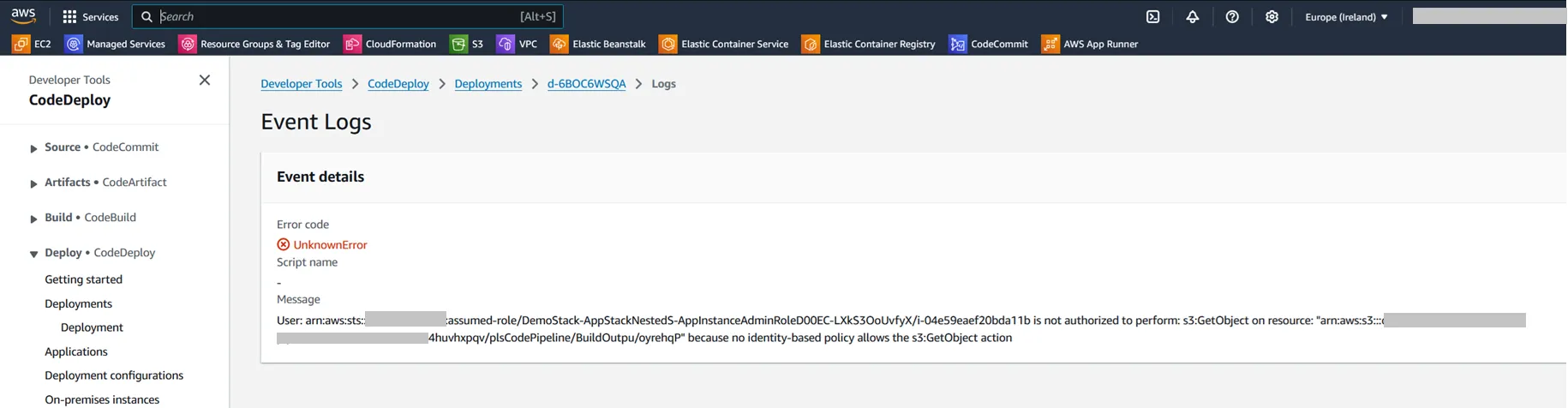 CodeDeploy failure